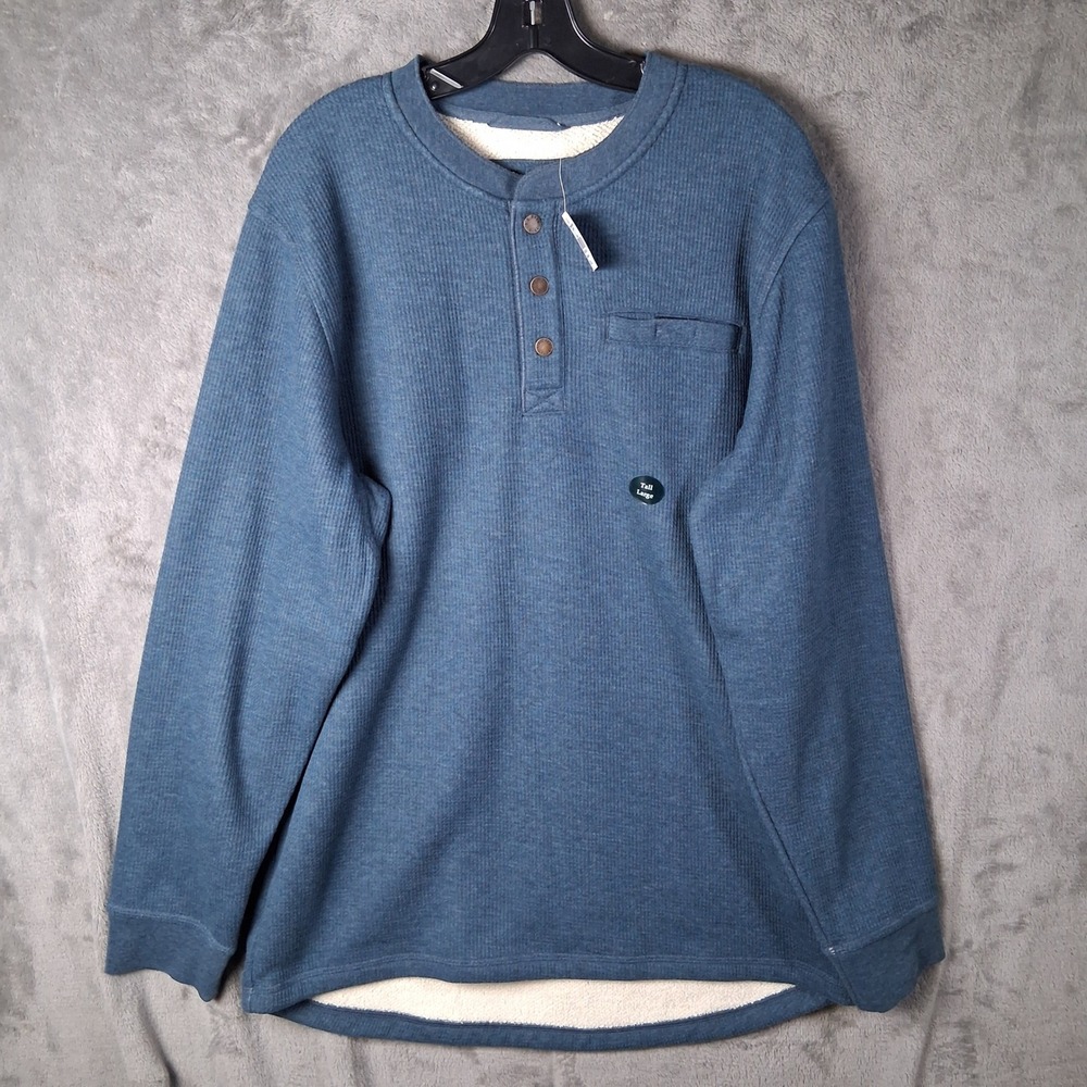 LL Bean Mens Bonded Waffle Fleece Henley Shirt Blue Tall Large 298104
